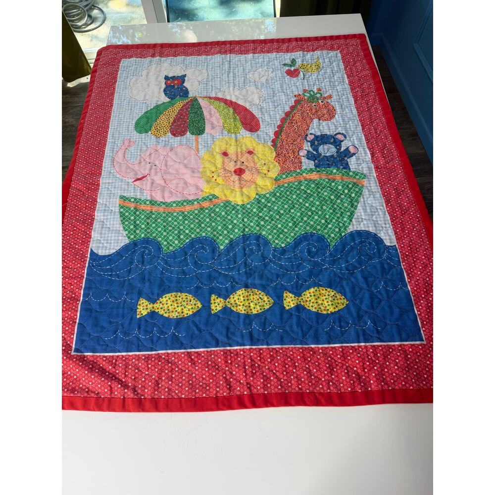 Vtg 70s Baby Blanket Hand Made Quilt Animals Elephant lion giraffe arc